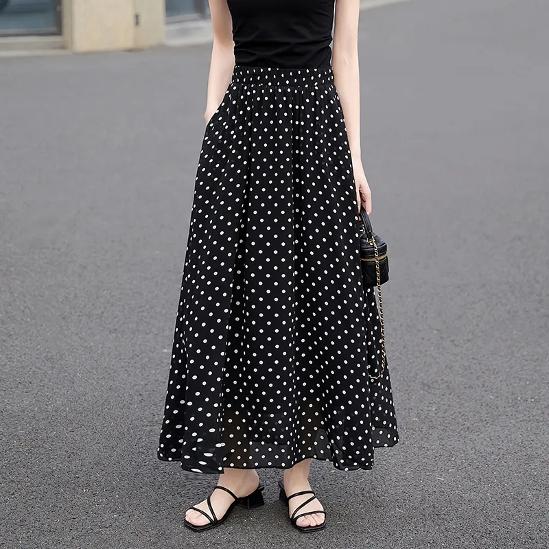 TOUCH Casual Long Skirts Women's Black Background With Polka Dots-6