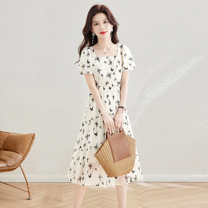 Cypress House Short-Sleeved Dresses Women's Apricot Base With Black Butterfly-3