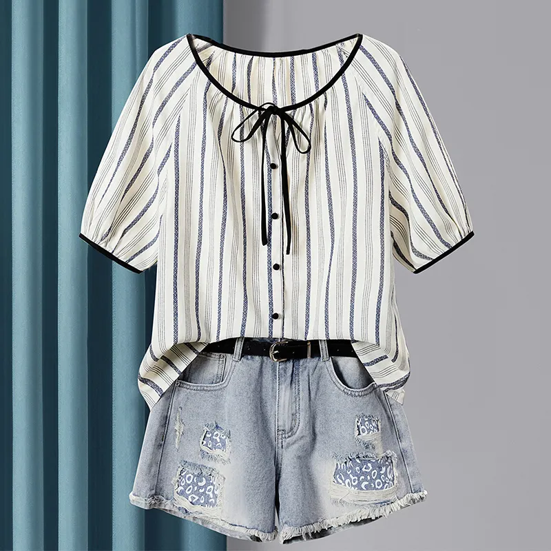TOUCH Shirt Women's Beige With Blue Stripes-2