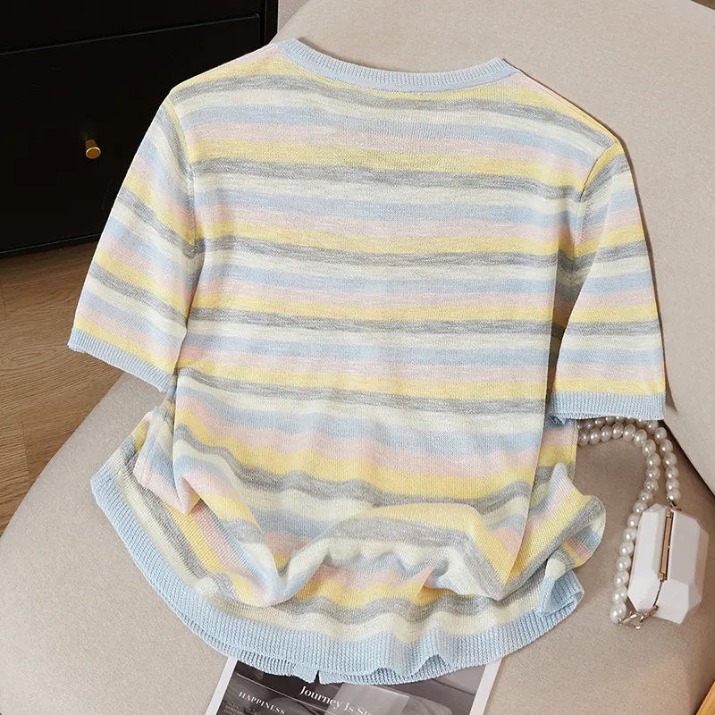 TOUCH Knitwear Women's Blue Collar Color Stripes-3