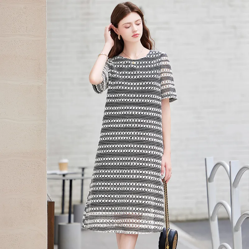 TOUCH Short-Sleeved Dresses Women's Black Beige Stripes-1
