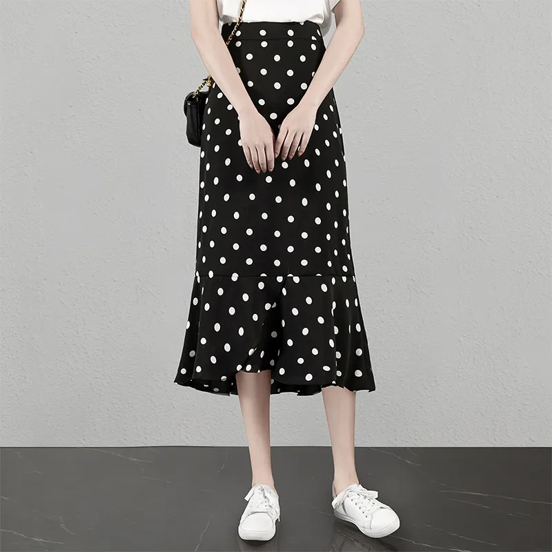 Cypress House Casual Long Skirt Women's Black With White Polka Dot-2