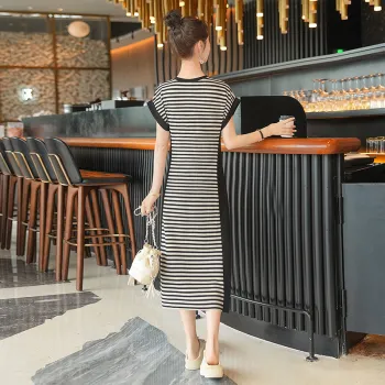 Cypress House Short Sleeved Dresses Women's Beige/Black Stripe Black