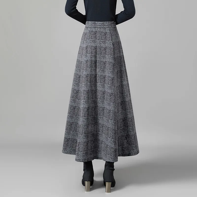 TOUCH Casual Long Skirts Women's Black Gray Plaid-3