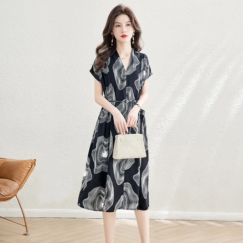 Cypress House Short-Sleeved Dresses Women's Black Base With White Pattern-6
