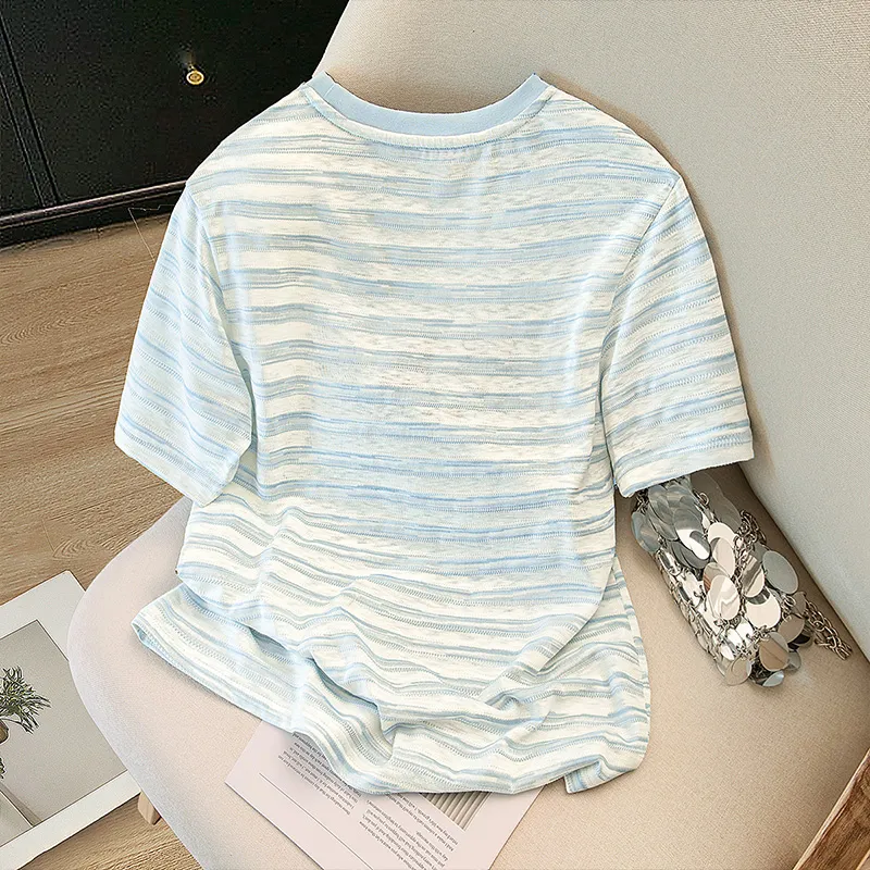Cypress House T Shirts Women's Blue White Stripes-3