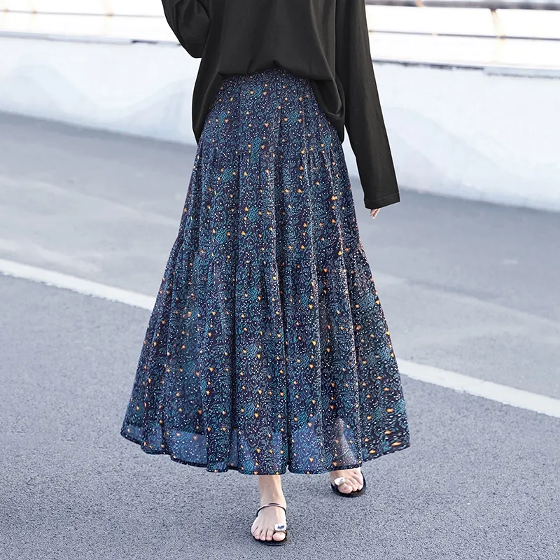 TOUCH Casual Long Skirt Women's Blue Floral-2