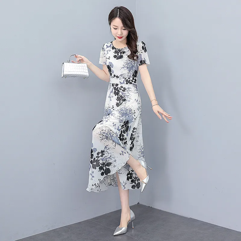 Cypress House Short Sleeved Dress Women's White Base With Black And Gray Floral-6