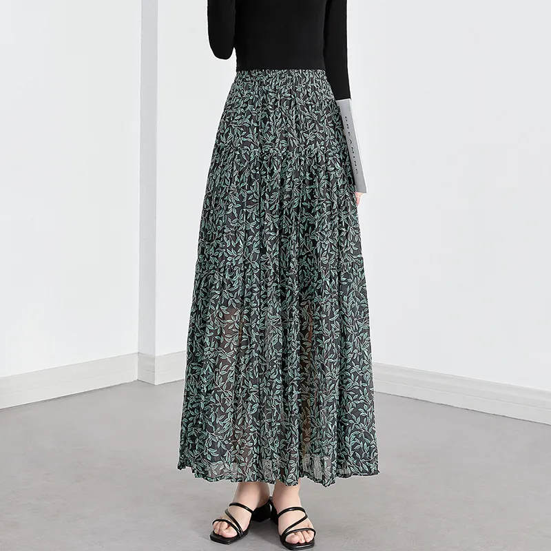 TOUCH Casual Long Skirt Women's Black Sole Green Leaf-6
