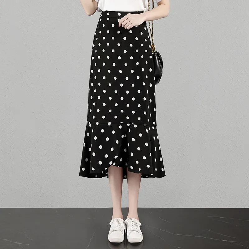 Cypress House Casual Long Skirt Women's Black With White Polka Dot-5