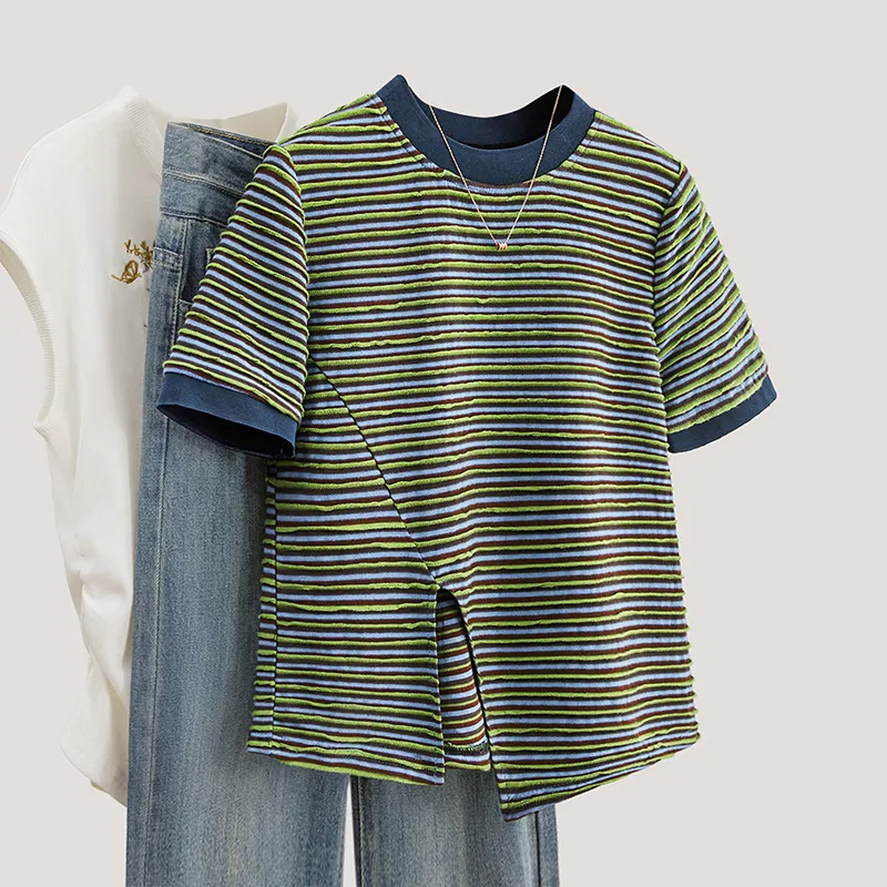 TOUCH T Shirt Women's Blue Green Stripes-2