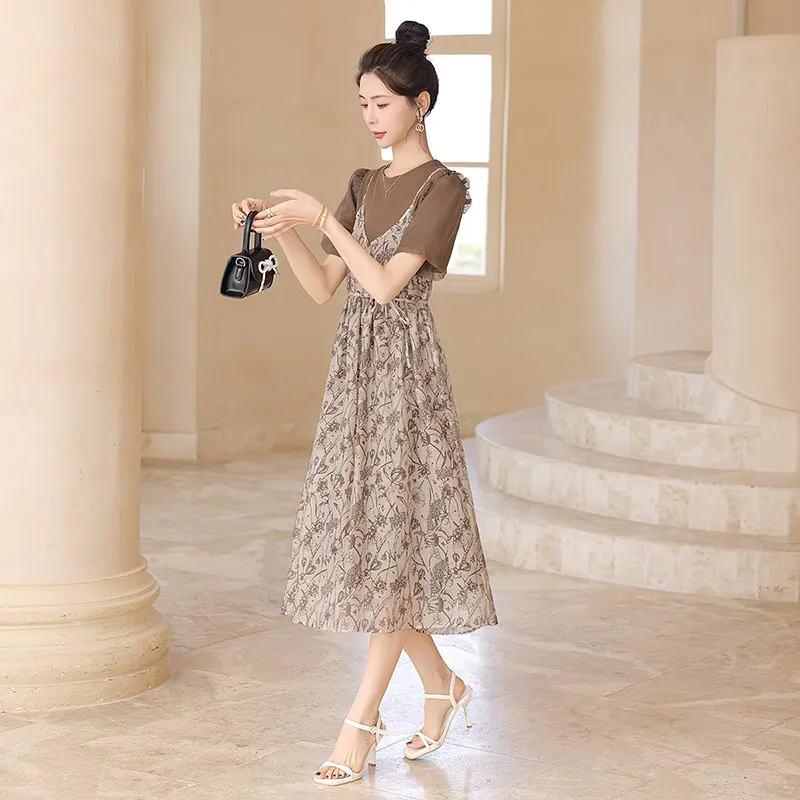 Cypress House Short Sleeved Dress Women's Dark Coffee With Beige And Floral-6