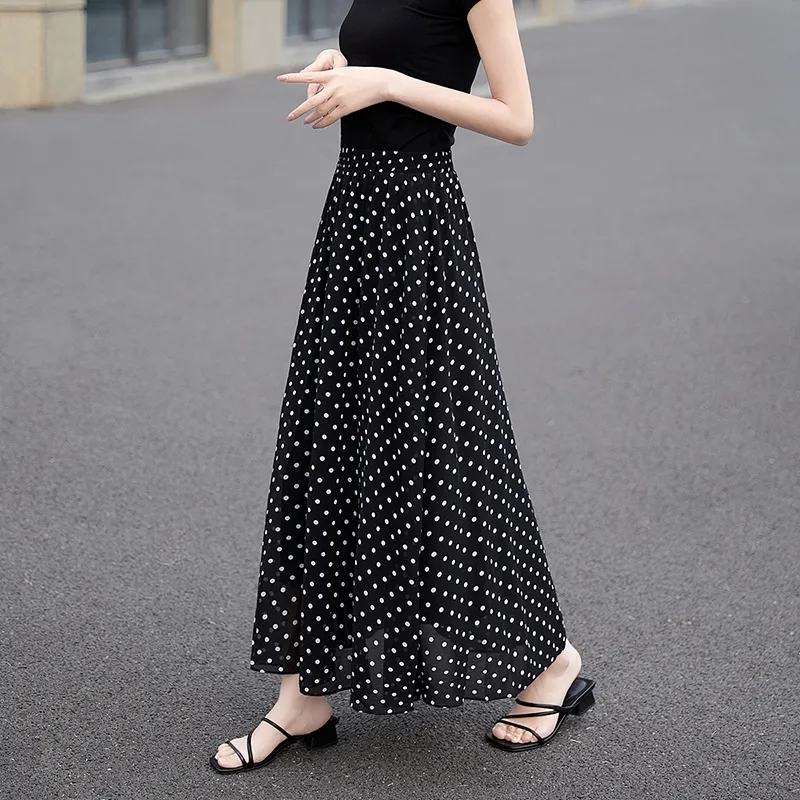 TOUCH Casual Long Skirts Women's Black Background With Polka Dots-4