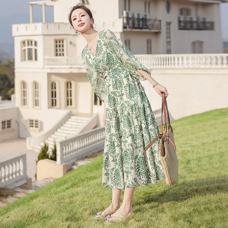 Cypress House Long Sleeved Dress Women's Beige With Green Print-6