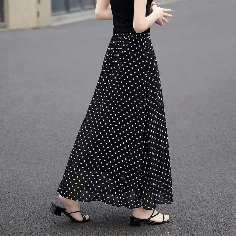 TOUCH Casual Long Skirts Women's Black Background With Polka Dots-3