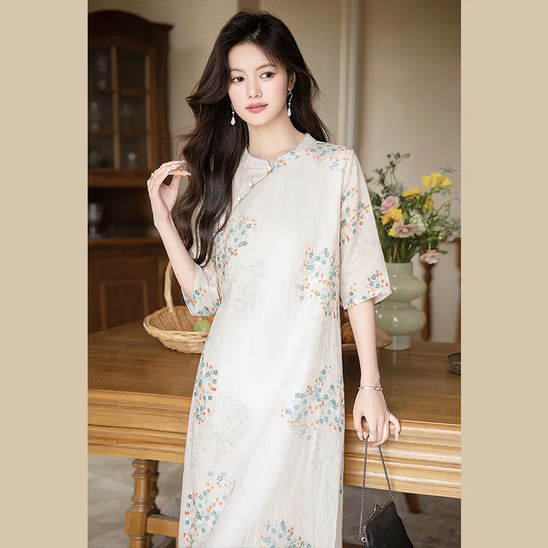 Cypress House Short Sleeved Dress Women's Apricot With Orange Blue Floral Print-2
