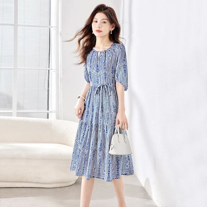Cypress House Short Sleeved Dress Women's White With Blue Floral-2