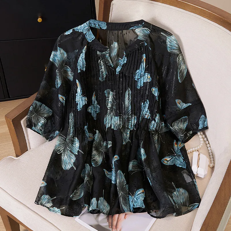 TOUCH Shirt Women's Black Blue Butterfly-5