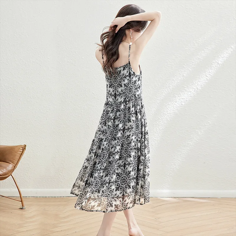 Cypress House Slip Dress Women's White With Black Floral Pattern-1