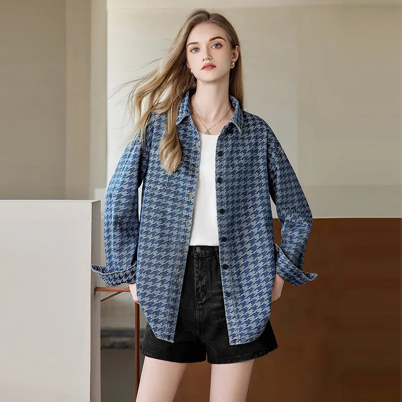TOUCH Cropped Coats Women's Blue Houndstooth-2