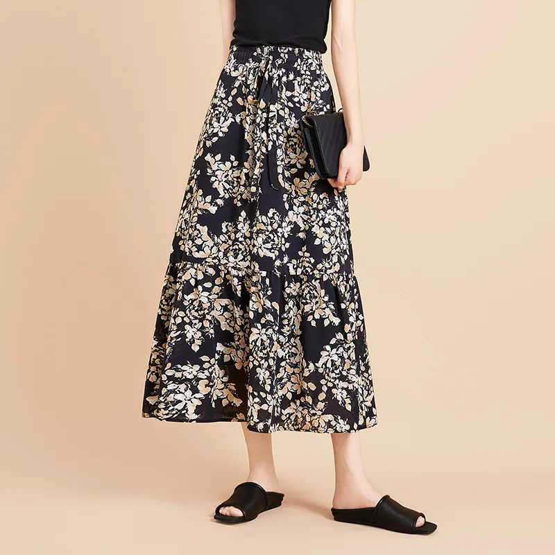 TOUCH Casual Long Skirt Women's Black Sole With Beige Coffee Floral-2