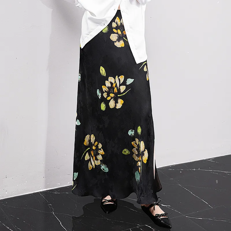 Cypress House Casual Long Skirt Women's Black Yellow Floral-5