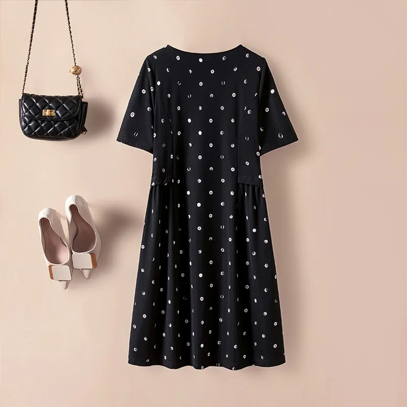 Cypress House Short-Sleeved Dresses Women's Black Base With White Dots-3