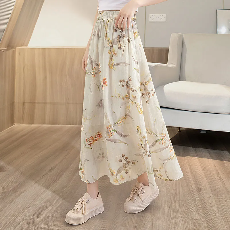 Cypress House Casual Long Skirt Women's Beige With Red Print-4