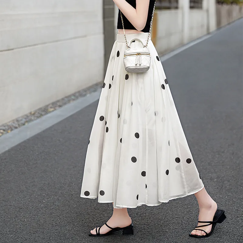 TOUCH Casual Long Skirt Women's Beige Base With Polka Dot-6
