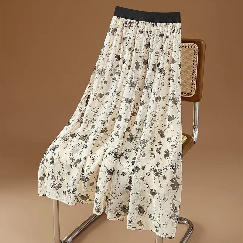 TOUCH Casual Long Skirt Women's Apricot Black Floral-2