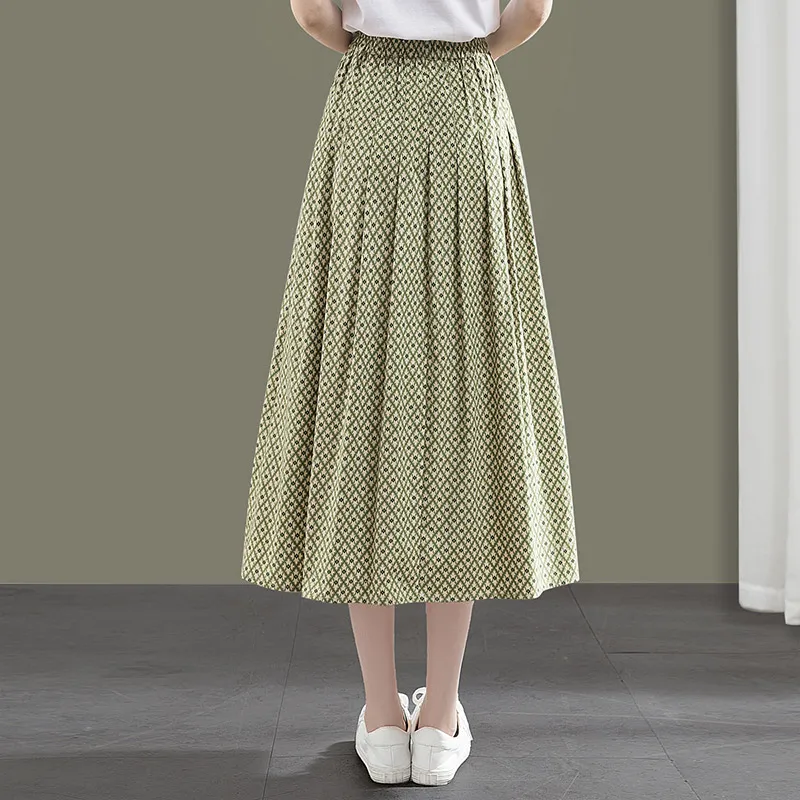Cypress House Casual Long Skirt Women's Green Base With Beige Plaid-3