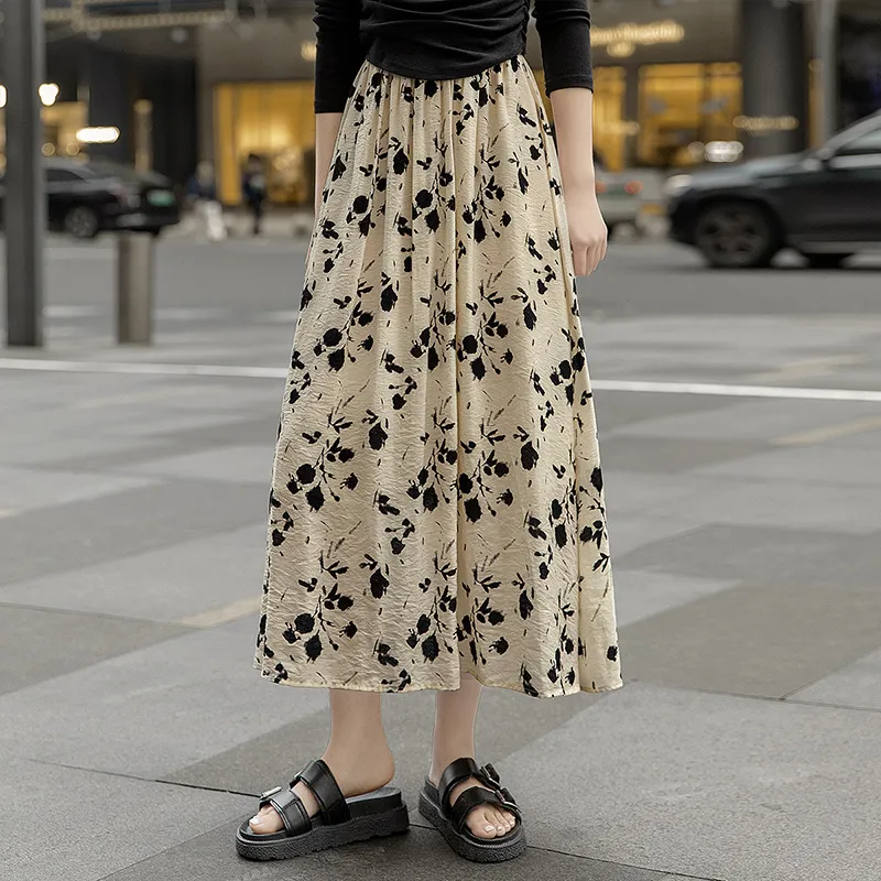 Cypress House Casual Long Skirts Women's Apricot With Black Flowers-4