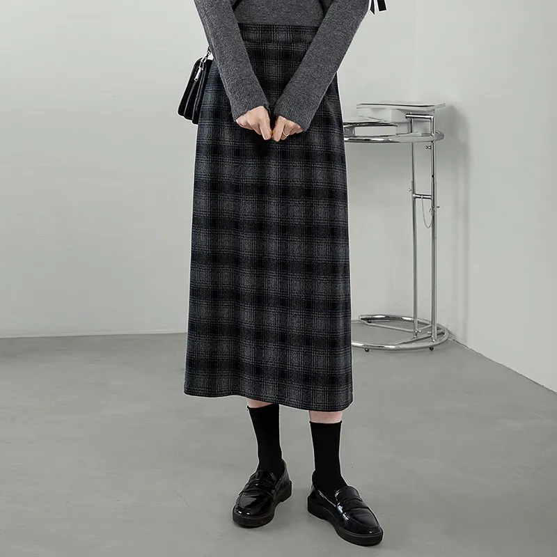 Cypress House Casual Long Skirt Women's Black Gray Blue Plaid-5