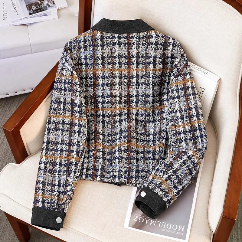 TOUCH Cropped Coats Women's Blue Coffee Plaid-3