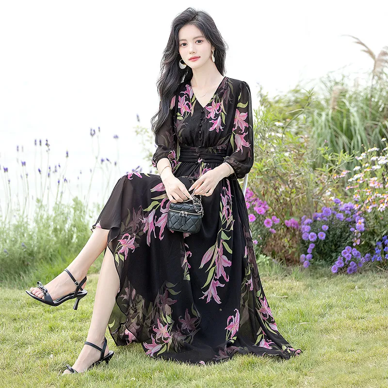 Cypress House Long Sleeved Dress Women's Black Pink Floral-1