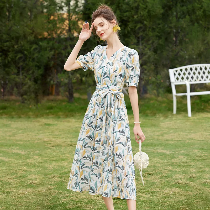 TOUCH Short-Sleeved Dresses Women's White Base Yellow Green Multicolor-4