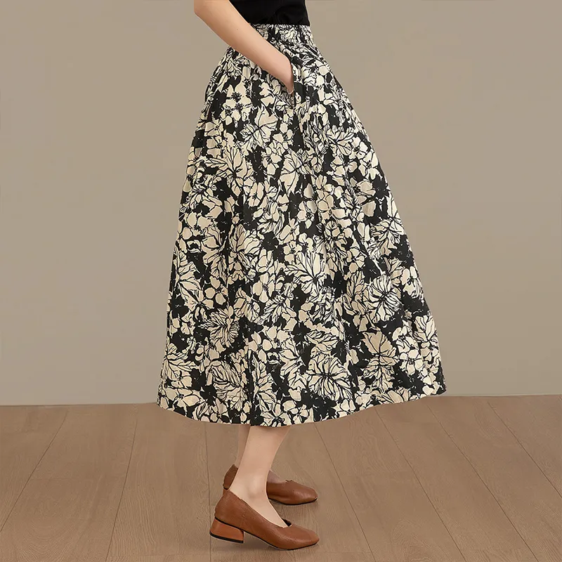 Cypress House Casual Long Skirt Women's Black With White Floral-2