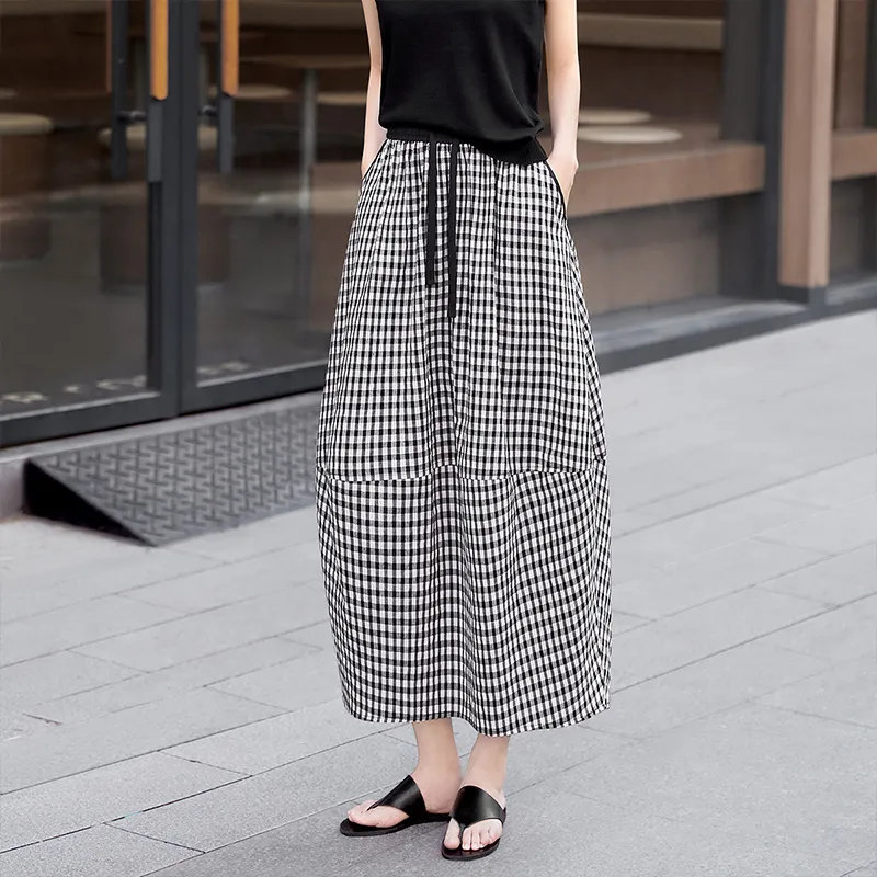 TOUCH Casual Long Skirt Women's Black White Plaid-6