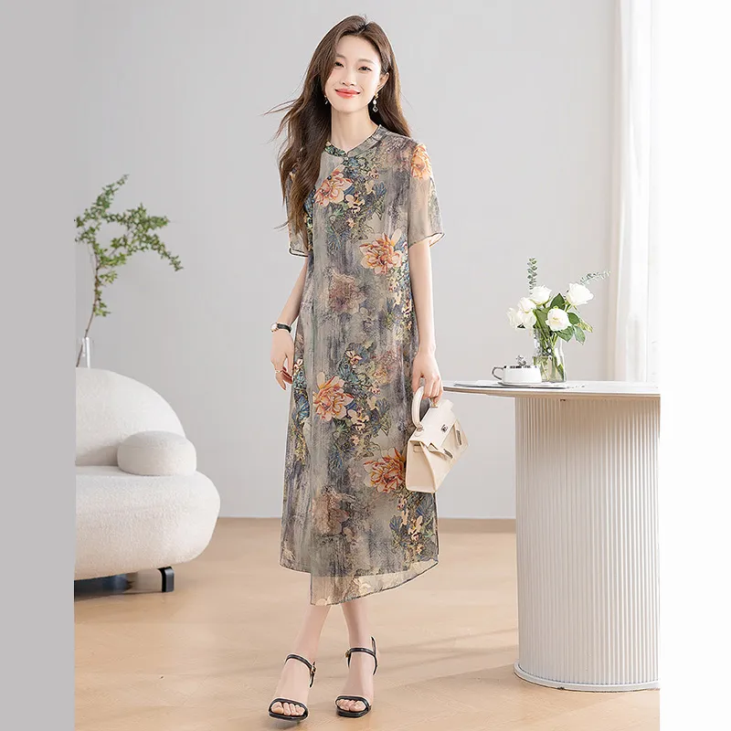 Cypress House Short-Sleeved Dresses Women's Gray Background With Orange Flowers-5