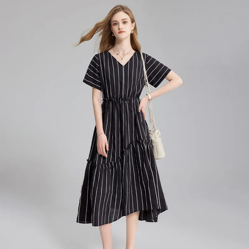TOUCH Short Sleeved Dresses Women's Black Base With White Stripes-6