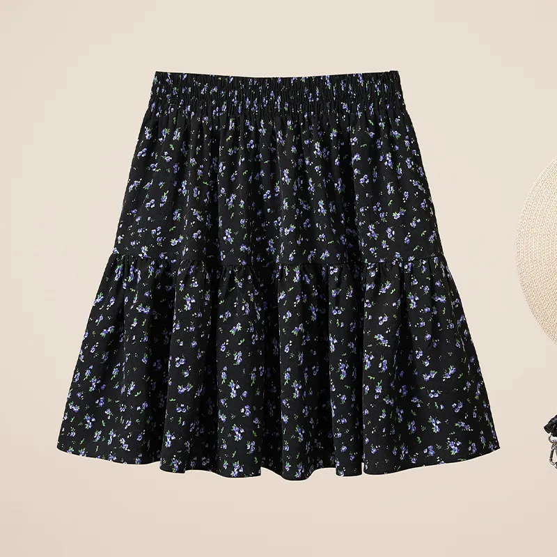 TOUCH Casual Short Skirts Women's Black Purple Flower-3