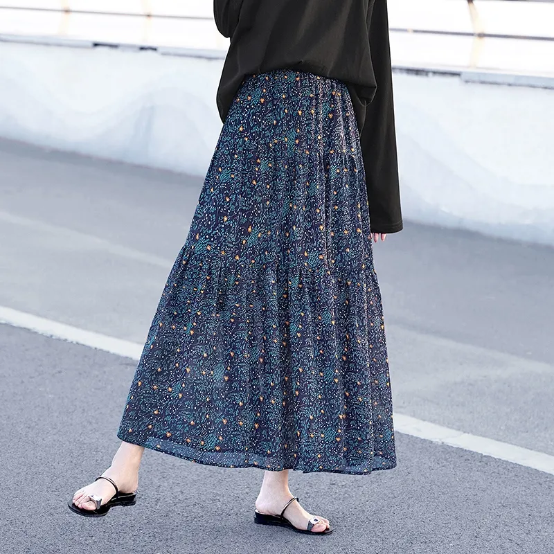 TOUCH Casual Long Skirt Women's Blue Floral-5