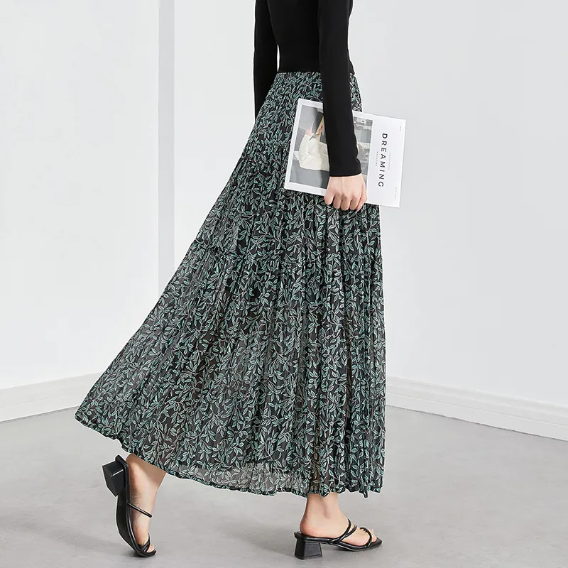 TOUCH Casual Long Skirt Women's Black Sole Green Leaf-5