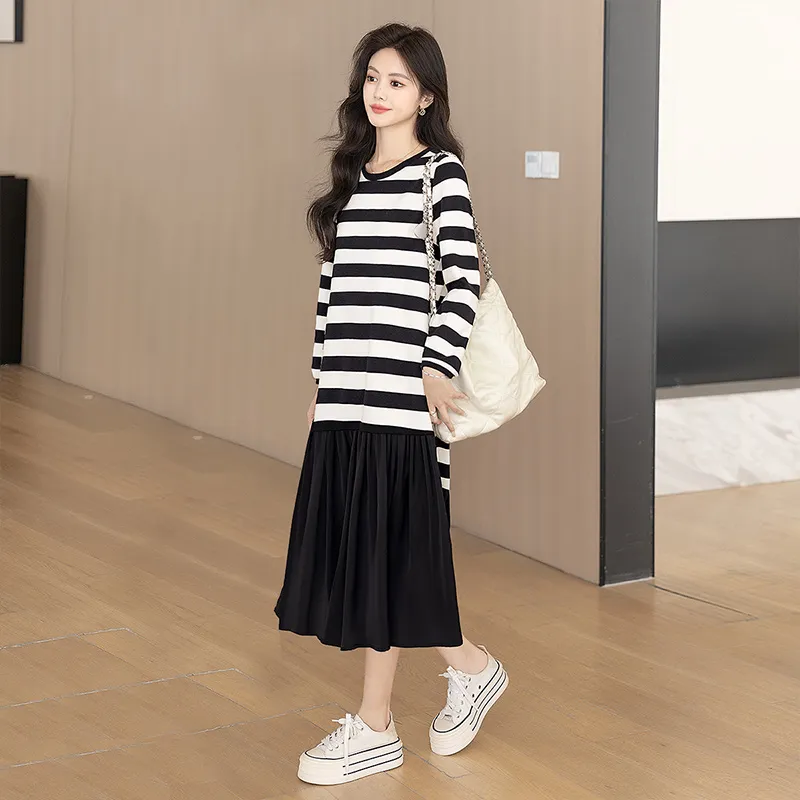 Cypress House Long Sleeved Dress Women's Black White Stripes-4