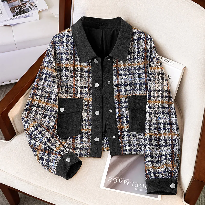 TOUCH Cropped Coats Women's Blue Coffee Plaid-2
