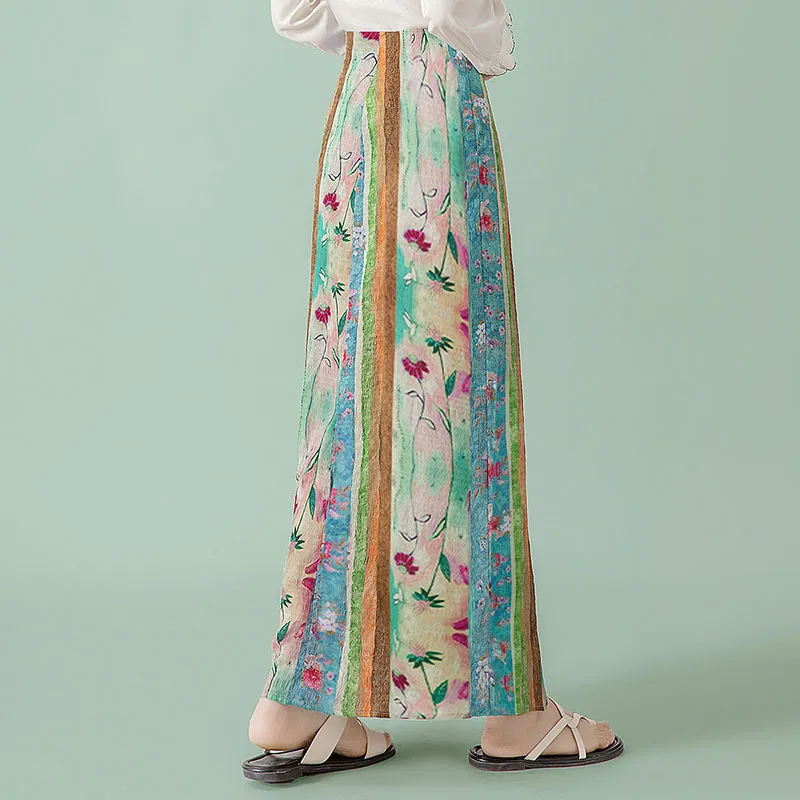 Cypress House Casual Long Skirt Women's Blue Green Stripes Flower-3