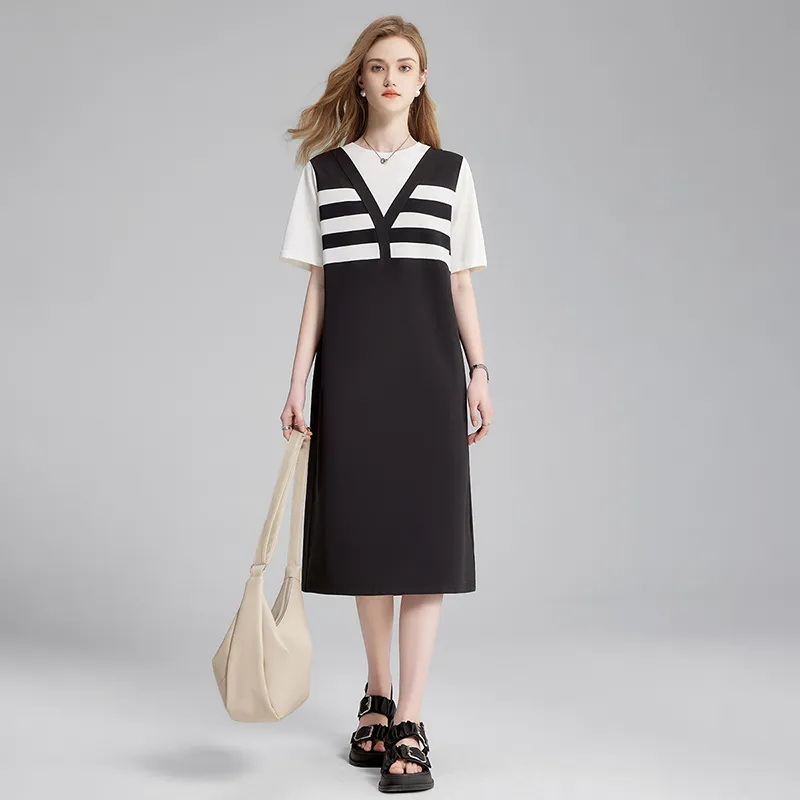 TOUCH Short Sleeved Dress Women's Black White Stripes & Black-4