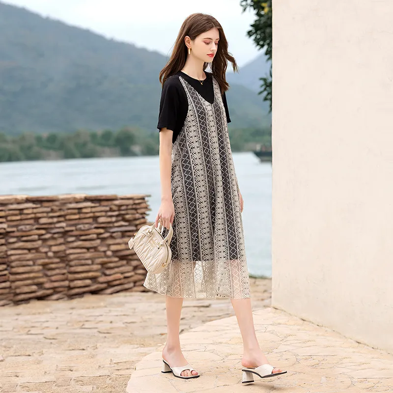 TOUCH Short Sleeved Dress Women's Black & Beige-3
