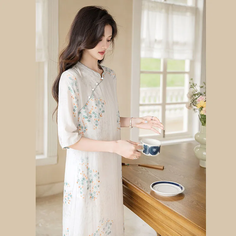 Cypress House Short Sleeved Dress Women's Apricot With Orange Blue Floral Print-6