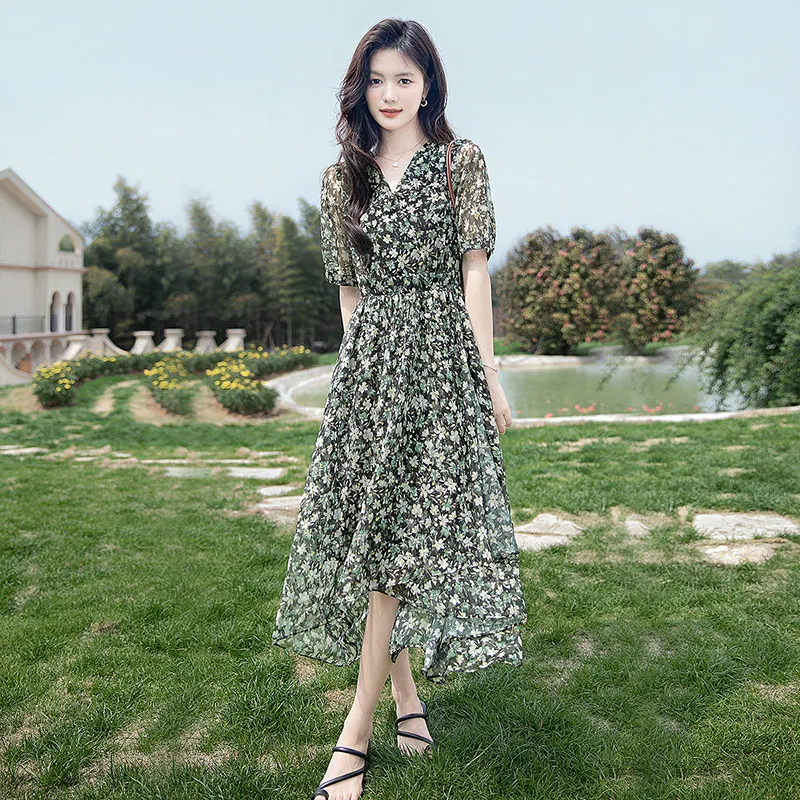 Cypress House Short-Sleeved Dresses Women's Black Background With Green Flowers-3